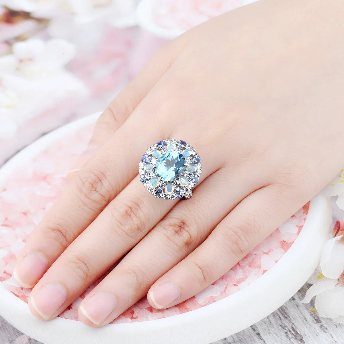 Blue Topaz Sterling Silver Rings 8 Carat Genuine Tananite Opal Multicolor