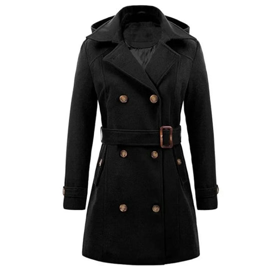 Women's Hooded Jackets Mid-Length Double Breasted Wool Blend Coat Turndown Collar