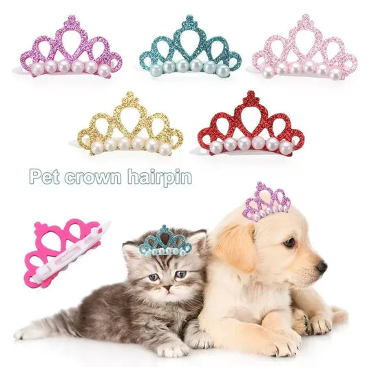 Puppy Fake Pearl Crown Bow Hair Clip Cute Pet Head Decoration