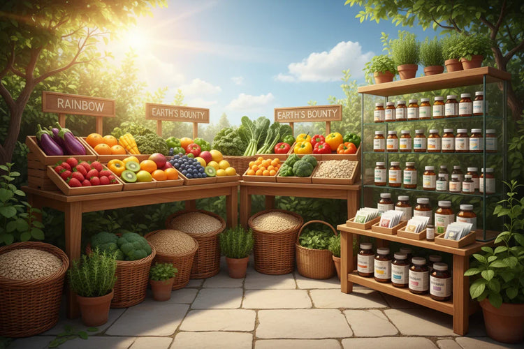 Färska grönsaker, frukt och vitaminer på somrig marknadsplats utomhus hos SmartnessBuyShop