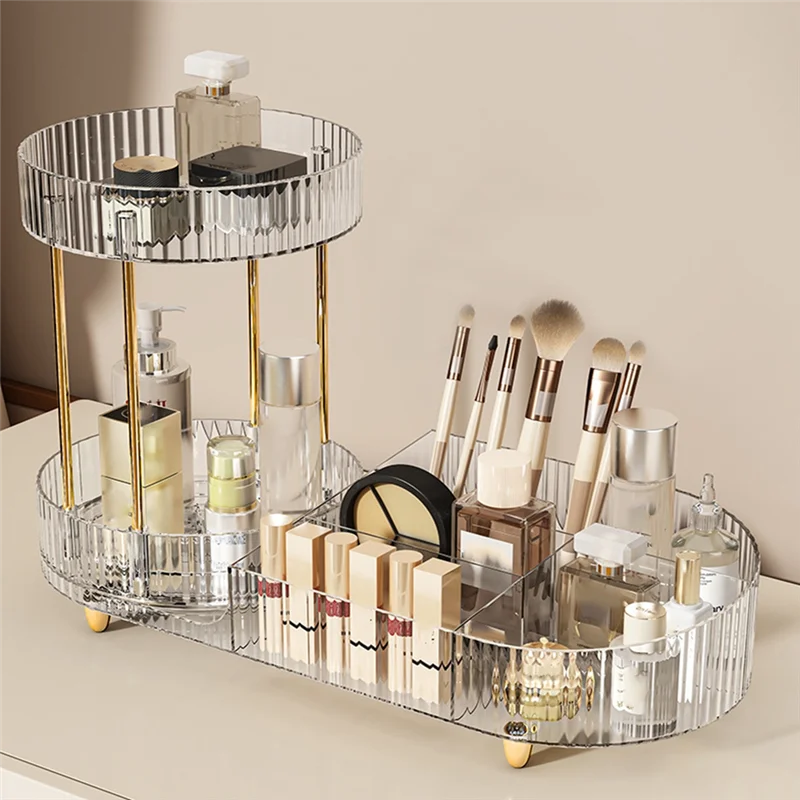 A84E-For Vanity Makeup Organizer With Rotating Function, 2 Tier Skincare Cosmetics Perfume