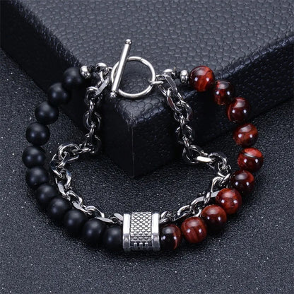 8mm Double Layer Natural Tiger's Eye Stone Handmade Lava Stone Beads Stainless Steel Buckle Bracelet
