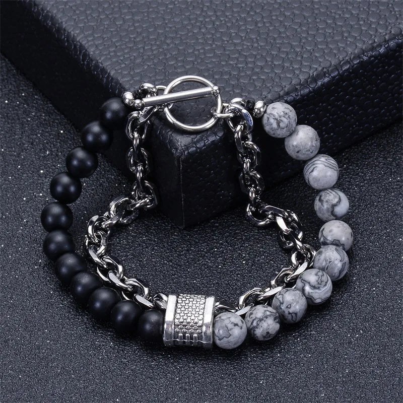 8mm Double Layer Natural Tiger's Eye Stone Handmade Lava Stone Beads Stainless Steel Buckle Bracelet