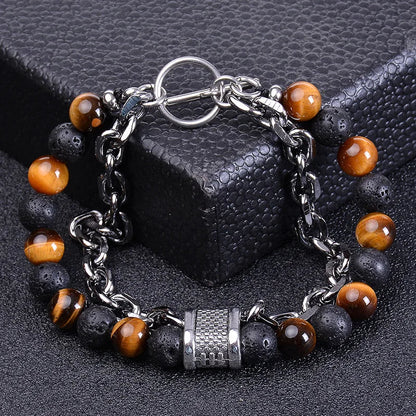 8mm Double Layer Natural Tiger's Eye Stone Handmade Lava Stone Beads Stainless Steel Buckle Bracelet