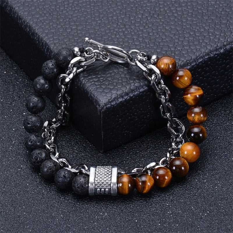8mm Double Layer Natural Tiger's Eye Stone Handmade Lava Stone Beads Stainless Steel Buckle Bracelet