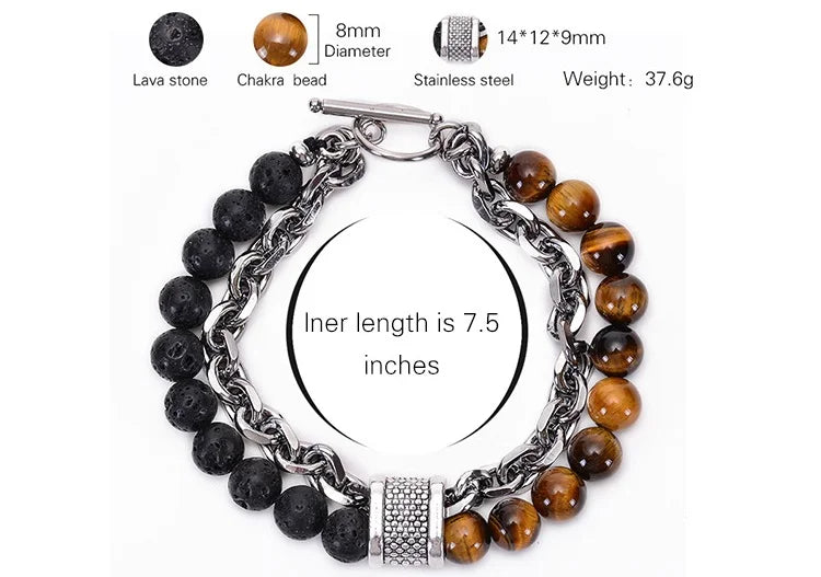 8mm Double Layer Natural Tiger's Eye Stone Handmade Lava Stone Beads Stainless Steel Buckle Bracelet