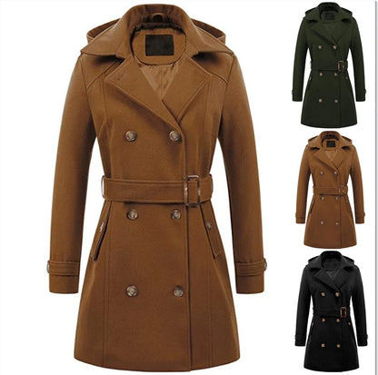 Women's Hooded Jackets Mid-Length Double Breasted Wool Blend Coat Turndown Collar 