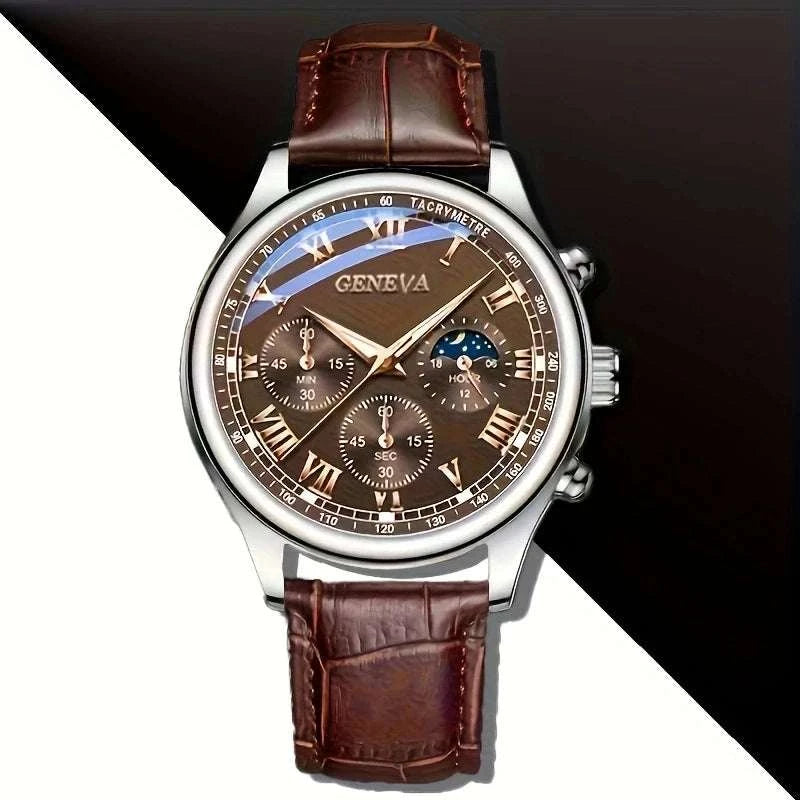 GENEVA High Quality Men's Luxury Belt Fashion Quartz Watch Men Round Business Student Sport Waterproof Glow Clock