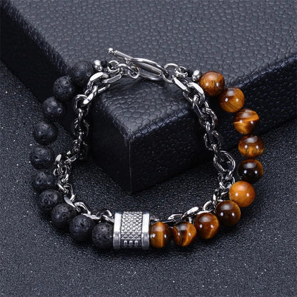 8mm Double Layer Natural Tiger's Eye Stone Handmade Lava Stone Beads Stainless Steel Buckle Bracelet