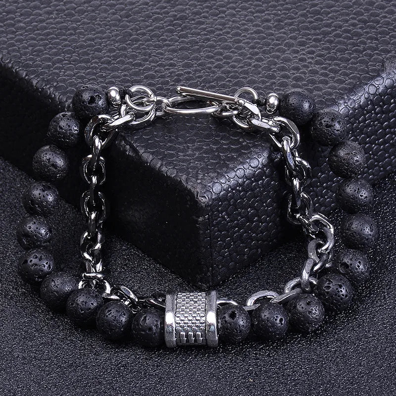 8mm Double Layer Natural Tiger's Eye Stone Handmade Lava Stone Beads Stainless Steel Buckle Bracelet