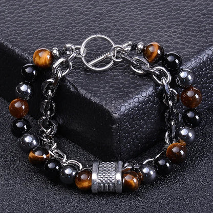 8mm Double Layer Natural Tiger's Eye Stone Handmade Lava Stone Beads Stainless Steel Buckle Bracelet