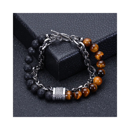 8mm Double Layer Natural Tiger's Eye Stone Handmade Lava Stone Beads Stainless Steel Buckle Bracelet