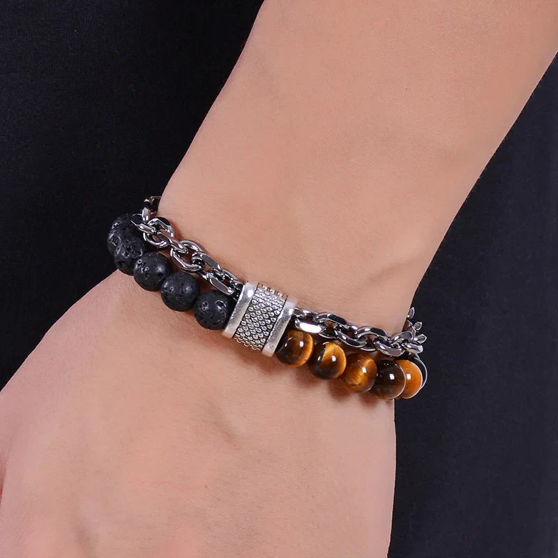 8mm Double Layer Natural Tiger's Eye Stone Handmade Lava Stone Beads Stainless Steel Buckle Bracelet