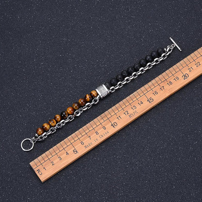 8mm Double Layer Natural Tiger's Eye Stone Handmade Lava Stone Beads Stainless Steel Buckle Bracelet