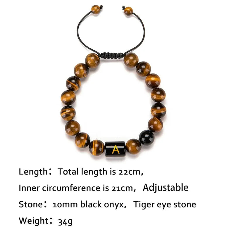Handmade Adjustable AZ Initials Bracelet 10MM Natural Stone Black Onyx Tiger