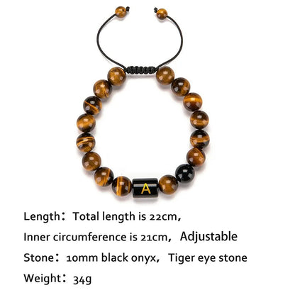 Handmade Adjustable AZ Initials Bracelet 10MM Natural Stone Black Onyx Tiger