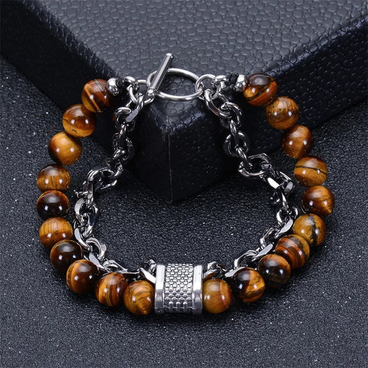 8mm Double Layer Natural Tiger's Eye Stone Handmade Lava Stone Beads Stainless Steel Buckle Bracelet