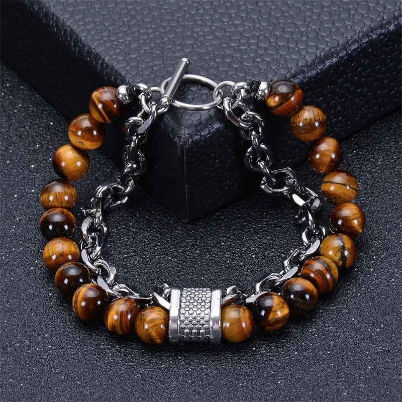 8mm Double Layer Natural Tiger's Eye Stone Handmade Lava Stone Beads Stainless Steel Buckle Bracelet