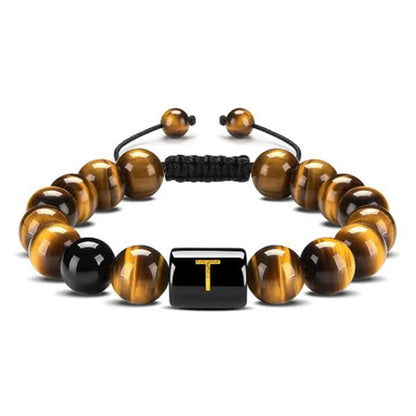 Handmade Adjustable AZ Initials Bracelet 10MM Natural Stone Black Onyx Tiger