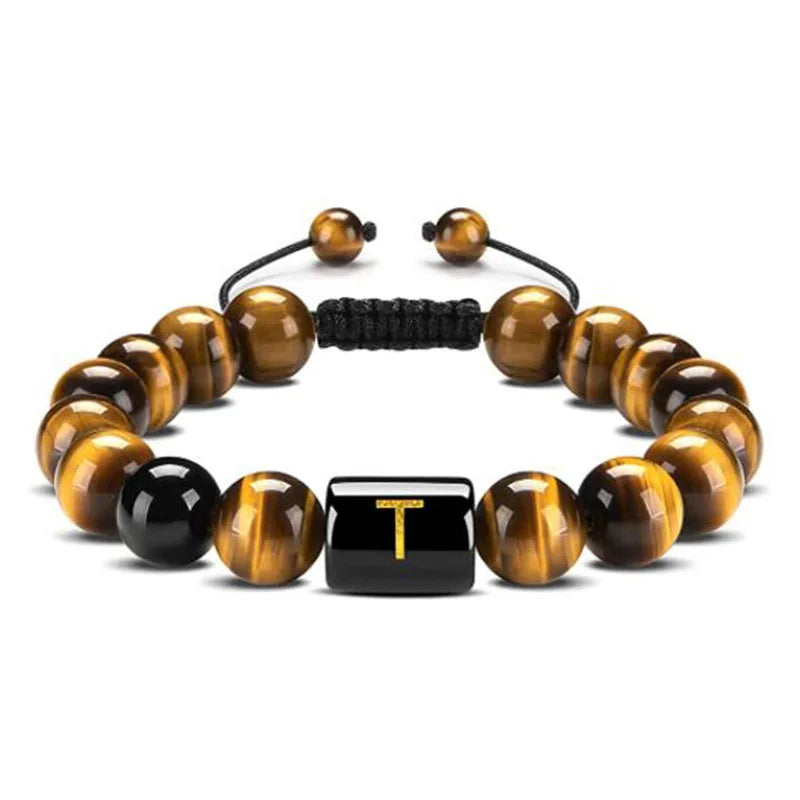 Handmade Adjustable AZ Initials Bracelet 10MM Natural Stone Black Onyx Tiger