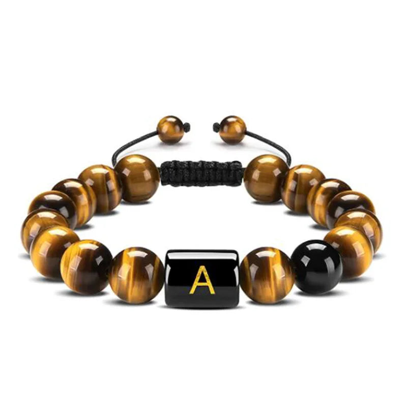 Handmade Adjustable AZ Initials Bracelet 10MM Natural Stone Black Onyx Tiger