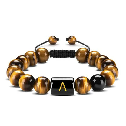 Handmade Adjustable AZ Initials Bracelet 10MM Natural Stone Black Onyx Tiger