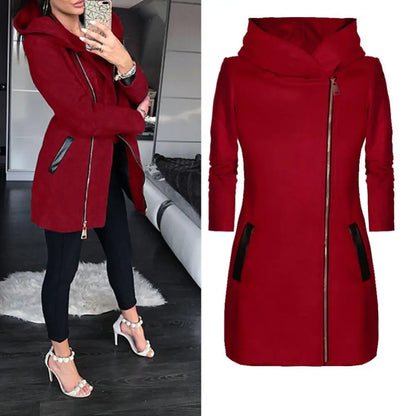 Solid Color Zipper Long Sleeve Hooded Jacket Outerwear Long Section Women's Coat