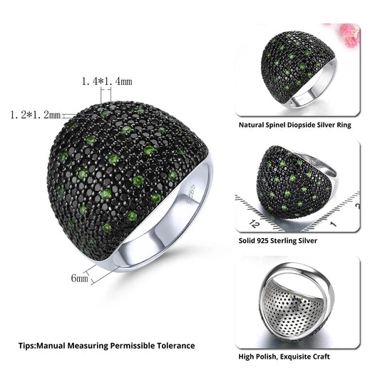 Black Spinel Diopside Solid Silver Rings 3.6 Carat Genuine Gemstone