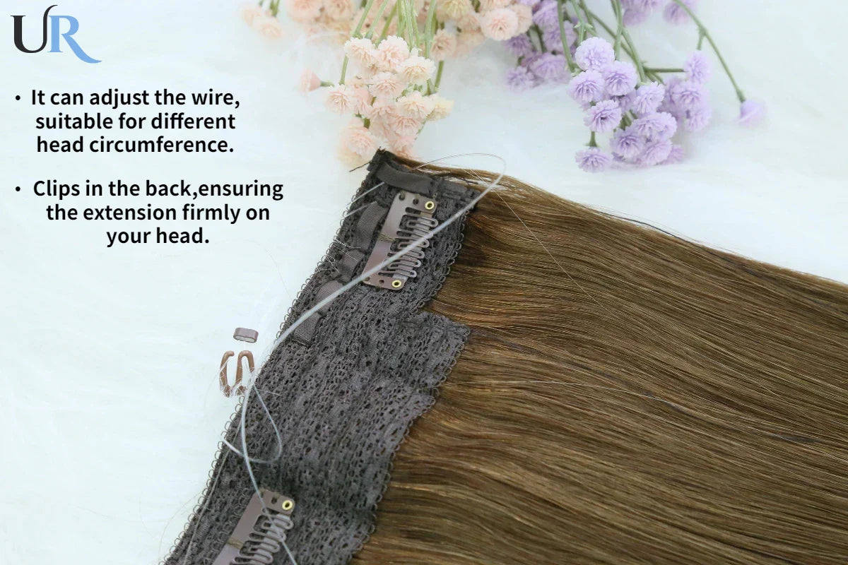 14" human hair straight invisible halo wire clip in hair extension