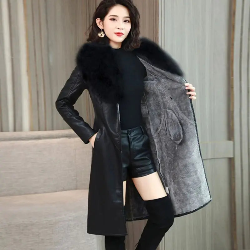 Winter Faux Fur Collar Leather Long Loose Coats Coat Women's Jacket