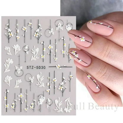 5D White Flower Embossed Nail Art Decals