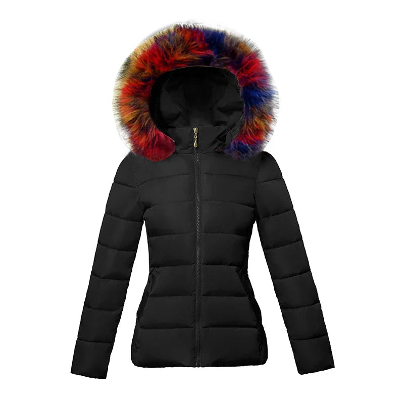 SL Women's Winter Coat Fake Fur Collar Parka Short Outerwear Warm Down Jacket