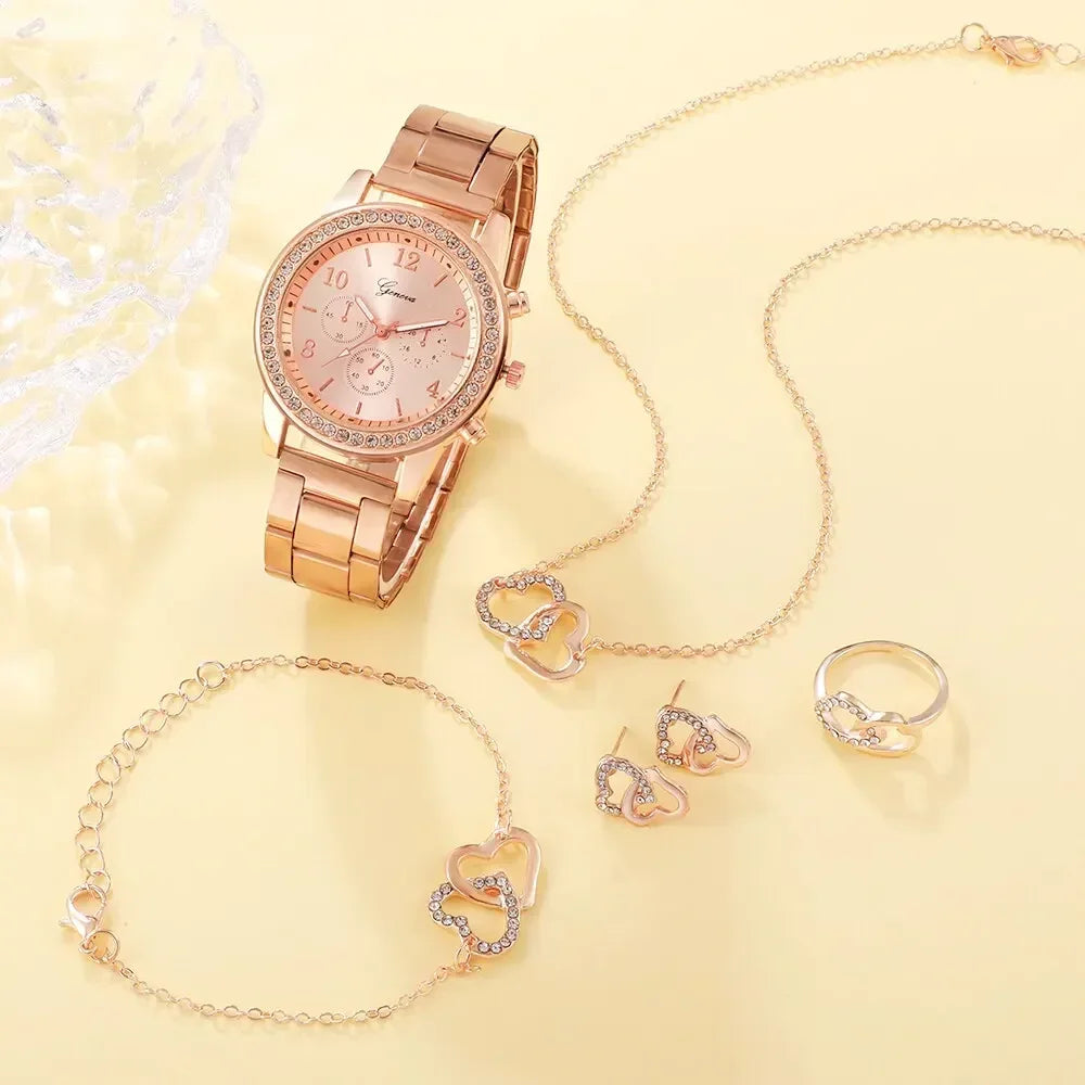6-piece Set - Fashion Wristwatch &amp; Jewelry in Rose Gold for Women