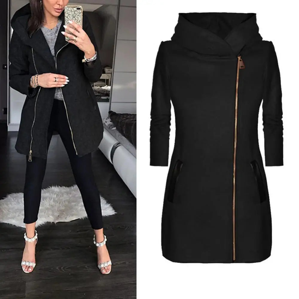 Solid Color Zipper Long Sleeve Hooded Jacket Outerwear Long Section Women's Coat