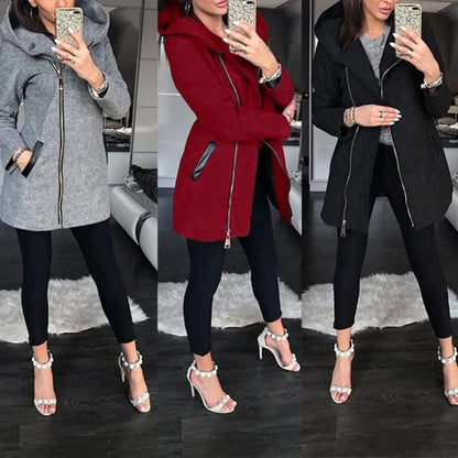 Solid Color Zipper Long Sleeve Hooded Jacket Outerwear Long Section Women's Coat