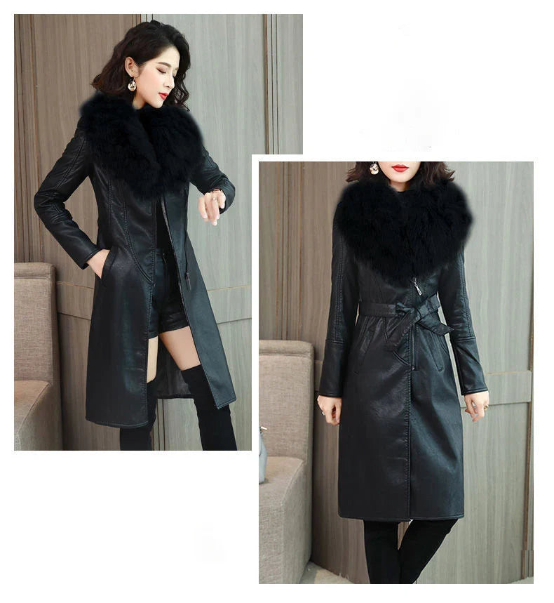 Winter Faux Fur Collar Leather Long Loose Coats Coat Women's Jacket