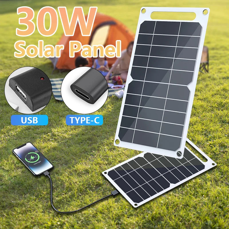 30W Solar Panel With USB Waterproof Outdoor Hiking and Camping Portable Battery Mobile Phone Charging Bank Charging Panel 6.8V