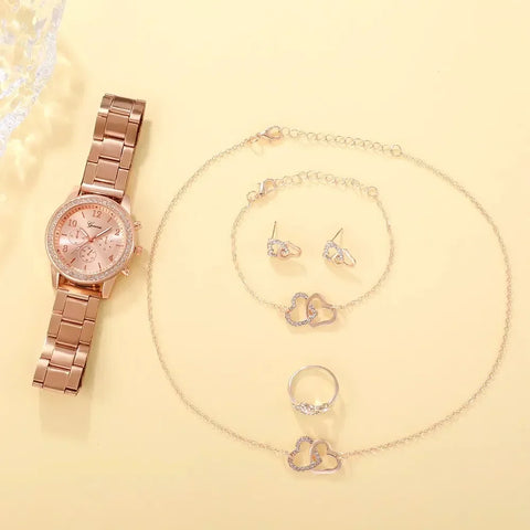 6-piece Set - Fashion Wristwatch &amp; Jewelry in Rose Gold for Women