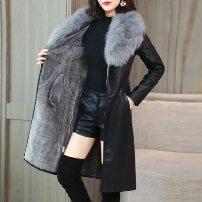 Winter Faux Fur Collar Leather Long Loose Coats Coat Women's Jacket