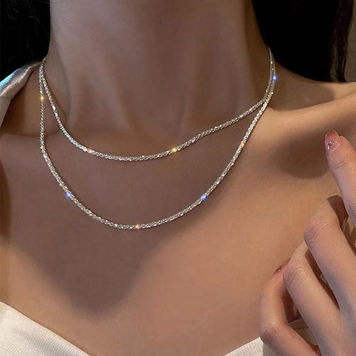 Silverfärgat glittrande halsband för kvinnor trendigt nyckelbenskedja.