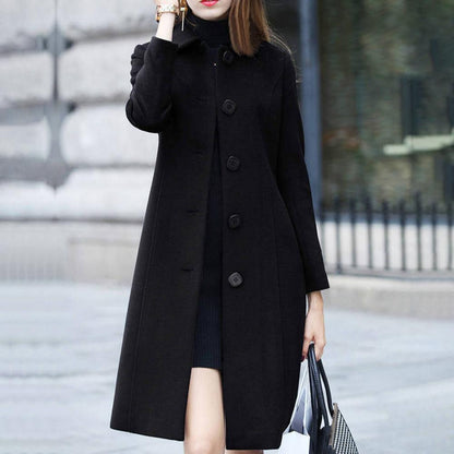 S-4XL Autumn Coat for Women Mid-Length Single-Breasted Solid Color Turn-Down Collar Elegant Soft Warm Winter Jacket