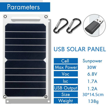 30W Solar Panel With USB Waterproof Outdoor Hiking and Camping Portable Battery Mobile Phone Charging Bank Charging Panel 6.8V