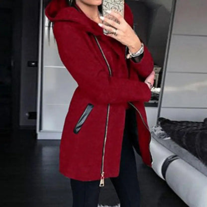 Solid Color Zipper Long Sleeve Hooded Jacket Outerwear Long Section Women's Coat