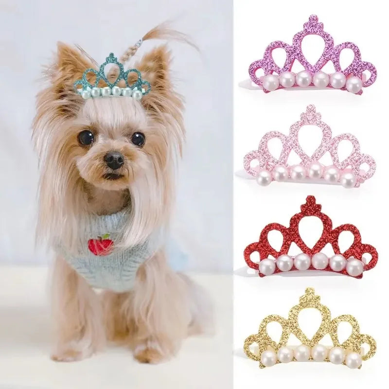 Puppy Fake Pearl Crown Bow Hair Clip Cute Pet Head Decoration