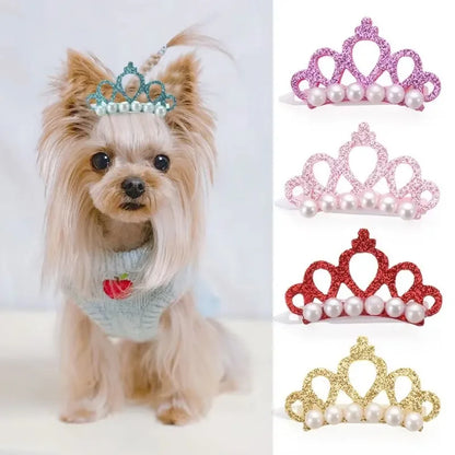 Puppy Fake Pearl Crown Bow Hair Clip Cute Pet Head Decoration
