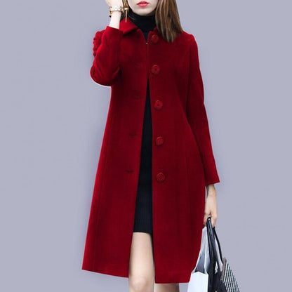 S-4XL Autumn Coat for Women Mid-Length Single-Breasted Solid Color Turn-Down Collar Elegant Soft Warm Winter Jacket