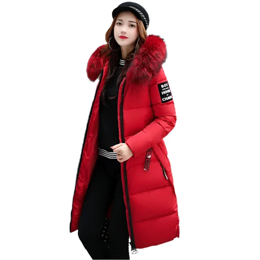 Down Parka Winter Jacket Big Fur Collar Thick Fashion Hooded Cotton Outerwear Long Winter Women Coat