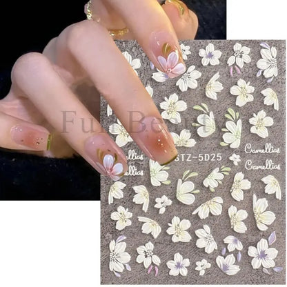 5D White Flower Embossed Nail Art Decals