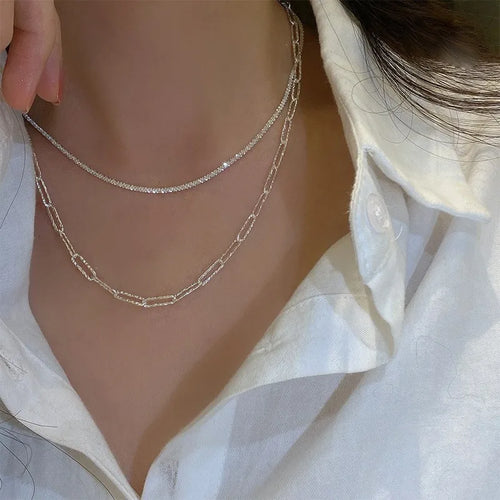 Silverfärgat glittrande halsband för kvinnor trendigt nyckelbenskedja.