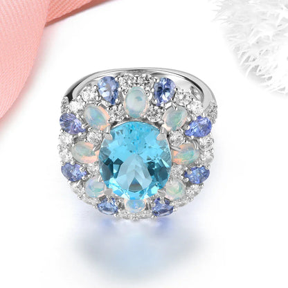Blue Topaz Sterling Silver Rings 8 Carat Genuine Tananite Opal Multicolor